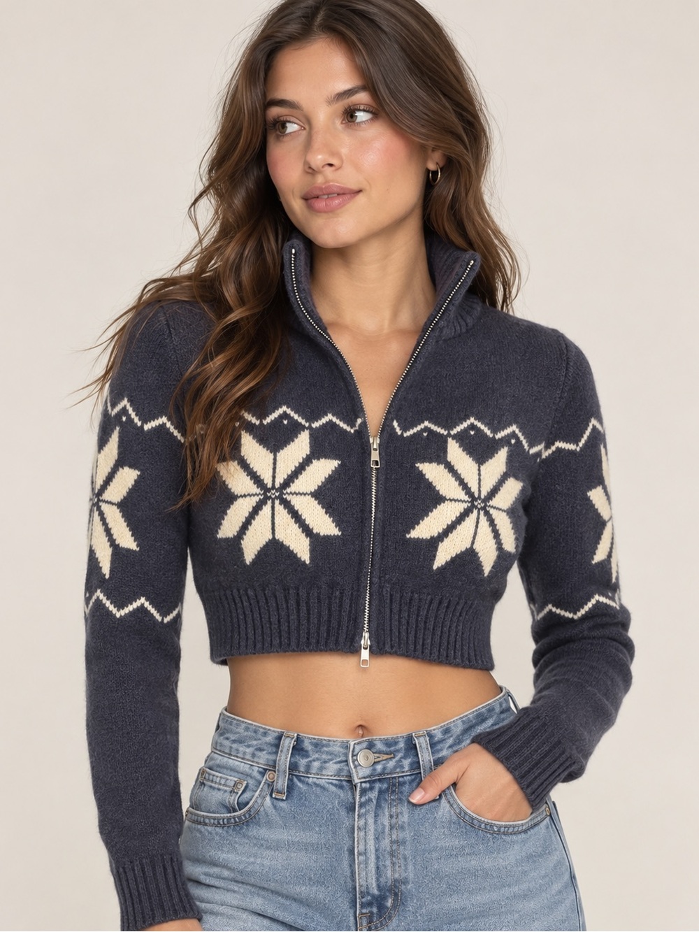 95% cotton Cropped Zip-Up Snowflake Knit Sweater - Navy/Cream
